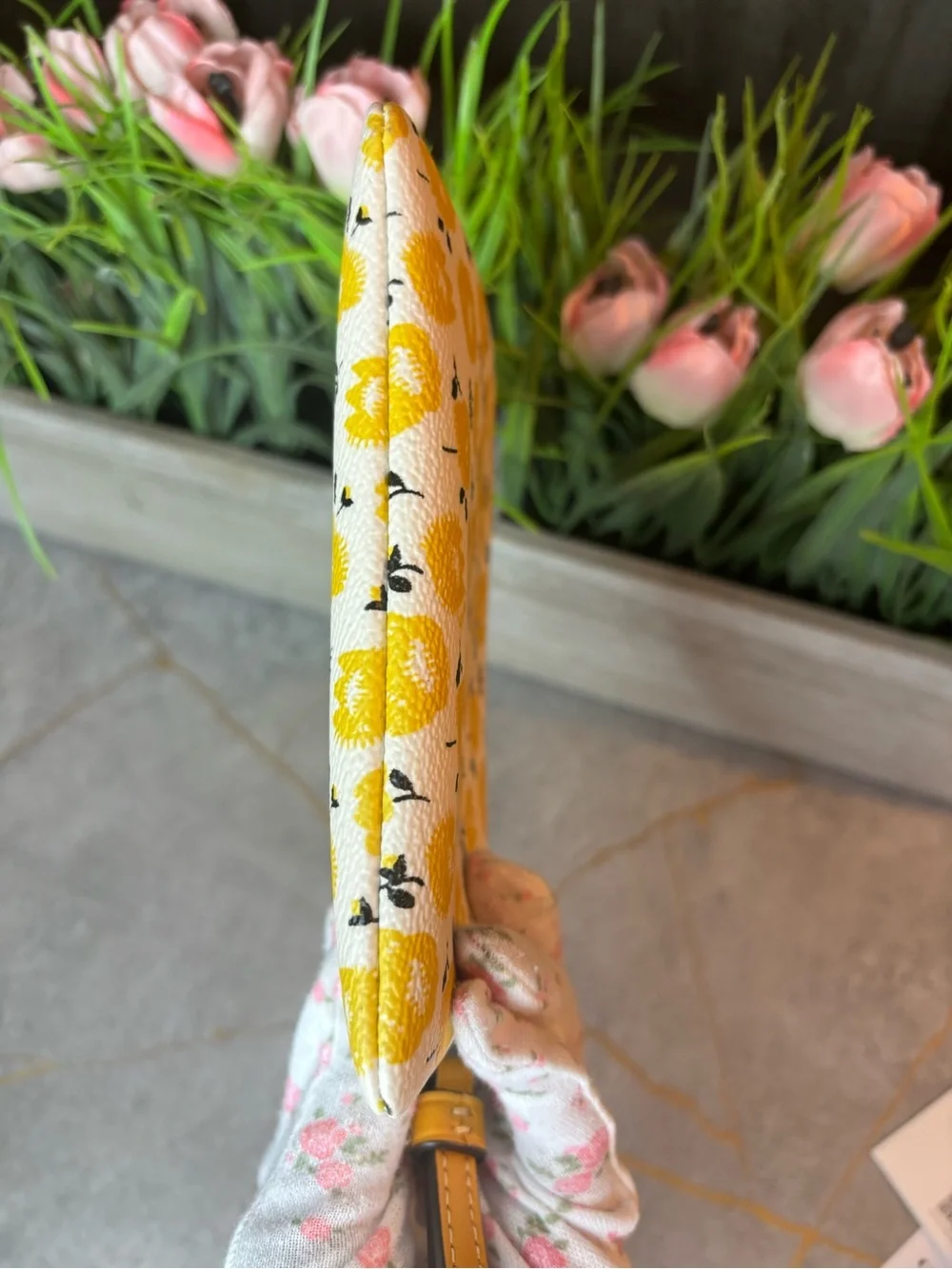 COACH NWT Yellow Floral Wristlet Pouch with Brown Strap